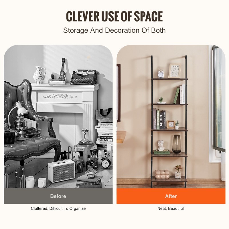 Tikashylly seinään kiinnitettävä 5-tasoinen teräsrunko P2-lastulevy 480x300x1780 mm