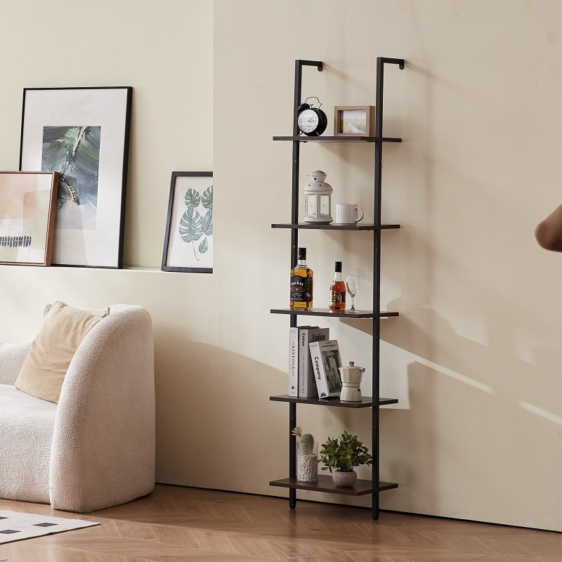 Seinään kiinnitettävä viisitasoinen tikashylly metallirunko puulevyt ripustustanko