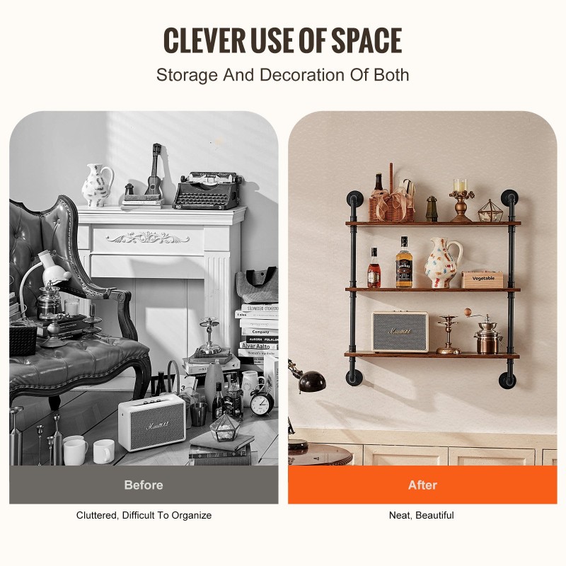 Seinäkiinnitteinen metalliputkihylly 3-tasoinen 813×200×930 mm galvanoitu pyöröputkirunko tiheälevyhyllyt