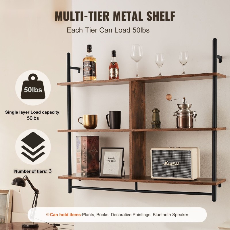 Seinähylly 3-tasoinen teräsrunko P2-levytaso 1050 x 240 mm ripustustangolla musta