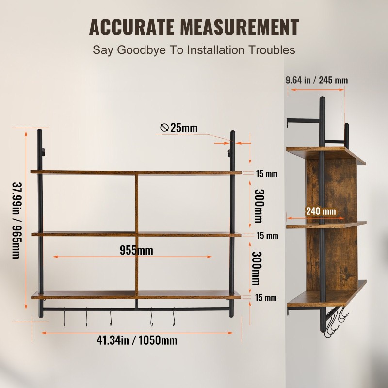 Seinähylly 3-tasoinen teräsrunko P2-levytaso 1050 x 240 mm ripustustangolla musta