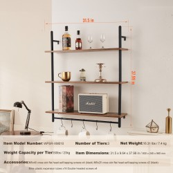 Seinähylly 3-tasoinen puu ja teräs vintage-sävyinen mustilla putkilla ripustustangolla