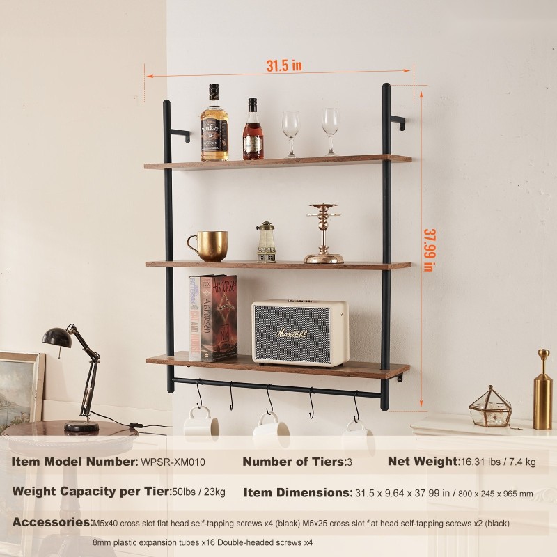 Seinähylly 3-tasoinen puu ja teräs vintage-sävyinen mustilla putkilla ripustustangolla