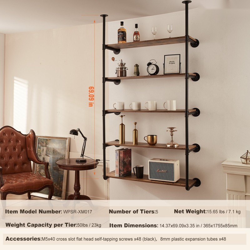 Seinäkiinnitteinen teräsputkihylly viisi tasoa kaksi runkoa kolmesataa millimetriä leveille hyllylevyille