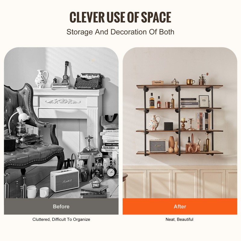 Putkihylly teräs seinäkiinnitteinen 4-kerroksinen 3-osainen 300 mm leveälle musta