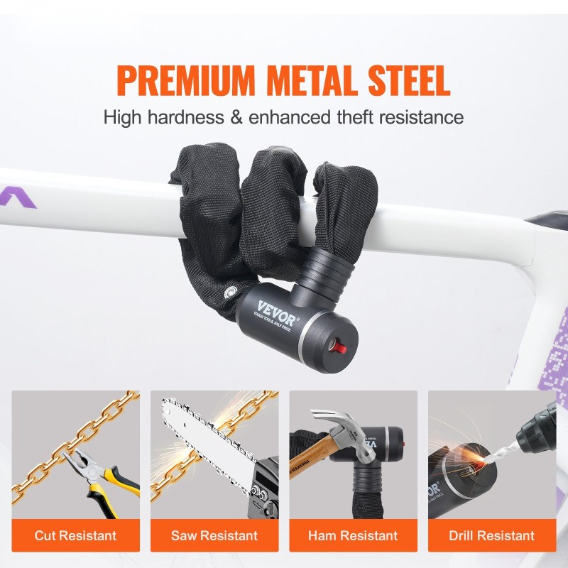 Polkupyörän ketjulukko teräsketju 1200 mm 10 mm avainlukko 3 avainta musta suojakangas