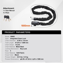 Polkupyörän ketjulukko teräsketju 1200 mm 10 mm avainlukko 3 avainta musta suojakangas