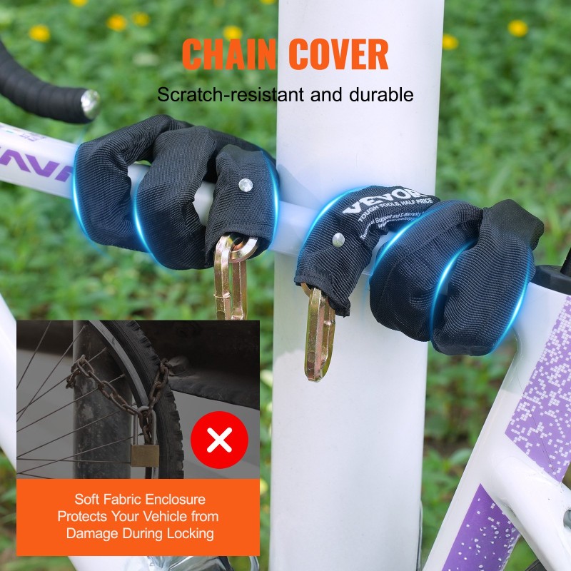 Teräksinen ketjulukko 9,5 mm 1800 mm polkupyörälle moottoripyörälle ja skoottereille musta