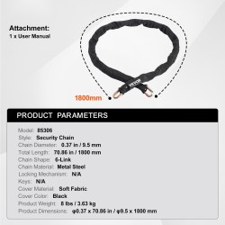 Teräksinen ketjulukko 9,5 mm 1800 mm polkupyörälle moottoripyörälle ja skoottereille musta