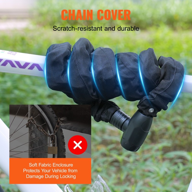 Polkupyörän metalliteräsketjulukko 10 mm halkaisija 182 cm pituus pehmeä suojakangas 4 avainta