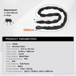 Polkupyörän metalliteräsketjulukko 10 mm halkaisija 182 cm pituus pehmeä suojakangas 4 avainta