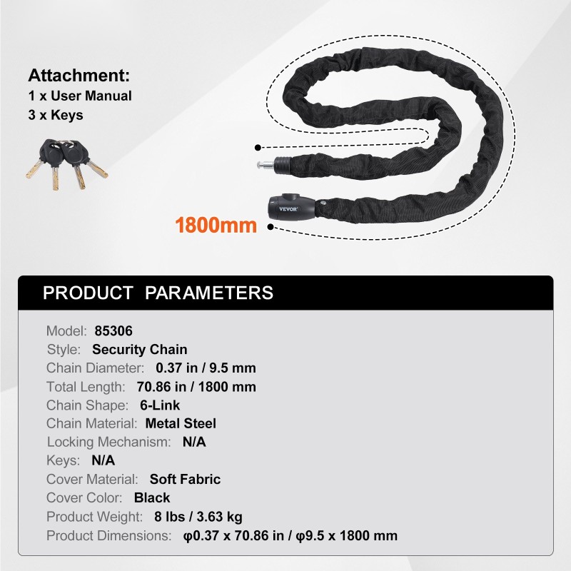 Polkupyörän metalliteräsketjulukko 10 mm halkaisija 182 cm pituus pehmeä suojakangas 4 avainta