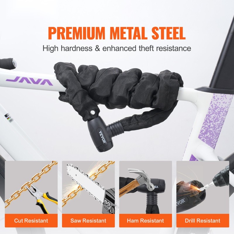 Ketjulukko metalliterästä 8 mm 1200 mm pehmeä päällinen 4 avainta polkupyörälle