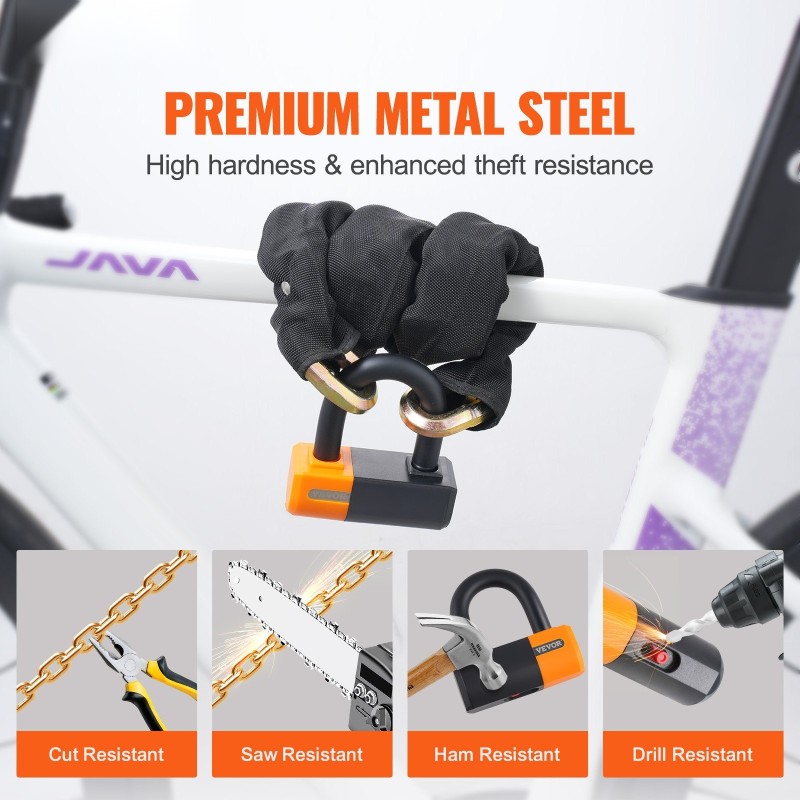 Ketjulukko metalliterästä 14 mm 1000 mm 4 avainta pyörälle ja moottoripyörälle