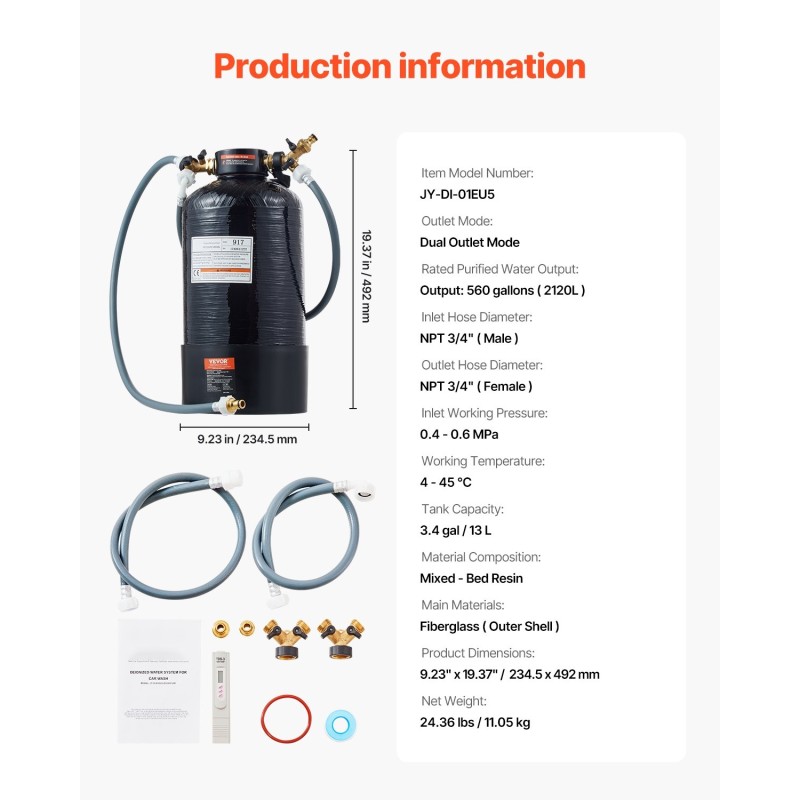 Deionisoitu veden järjestelmä autonpesuun 13 litran lasikuitusäiliö käsikäyttöisellä vedenlaatumittarilla kaksitoimisella