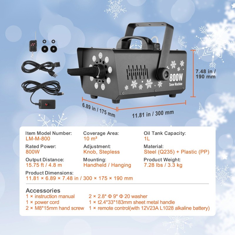 Lumikone 800W 1L teräs ja muovi sisäkäyttöön käsikäyttöinen ripustettava kaukosäädöllä taustavalolla