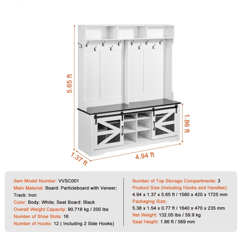 Naulakko penkillä lastulevyä ja metallia 16 kenkäpaikkaa 12 koukkua USB-valonauhalla
