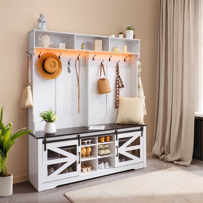 Naulakko penkillä lastulevyä ja metallia 16 kenkäpaikkaa 12 koukkua USB-valonauhalla