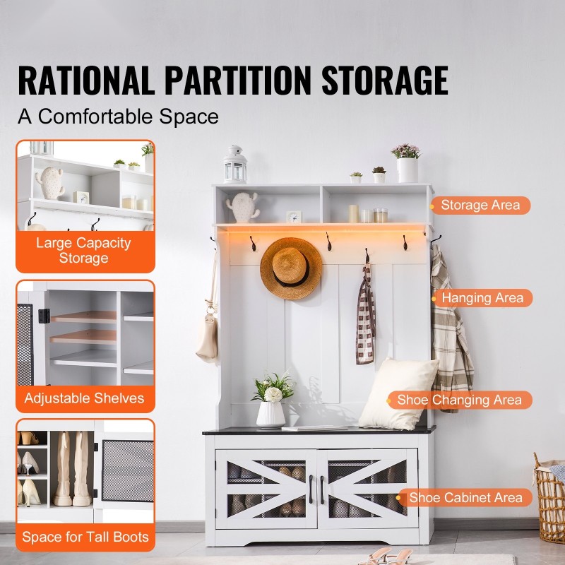 Puinen naulakko penkillä lastulevystä 10 kenkäpaikkaa 7 koukkua USB-valonauhalla valkoinen
