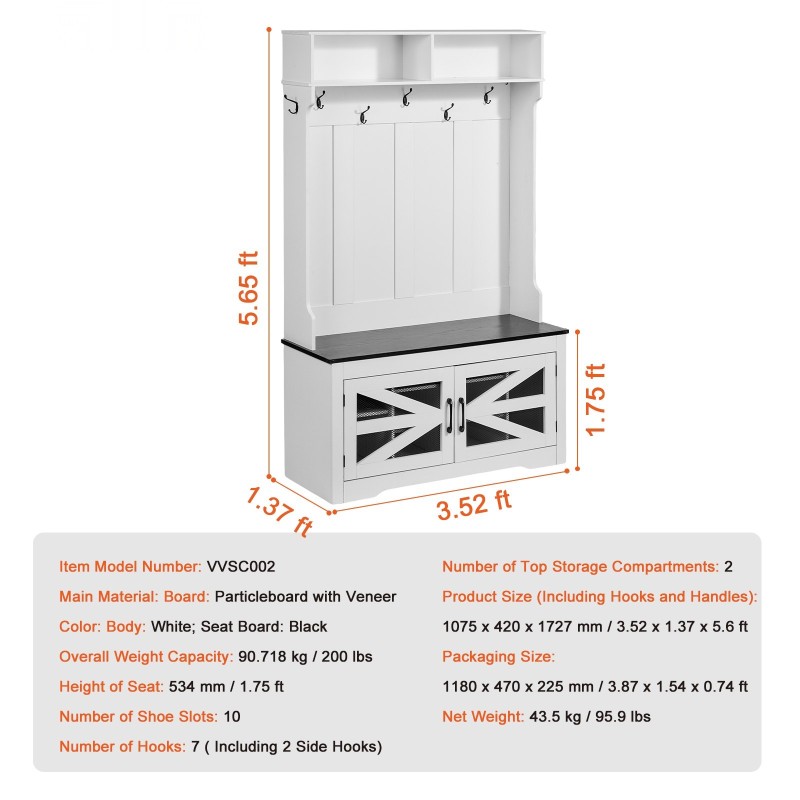 Puinen naulakko penkillä lastulevystä 10 kenkäpaikkaa 7 koukkua USB-valonauhalla valkoinen