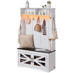 Puinen naulakko penkillä lastulevystä 10 kenkäpaikkaa 7 koukkua USB-valonauhalla valkoinen