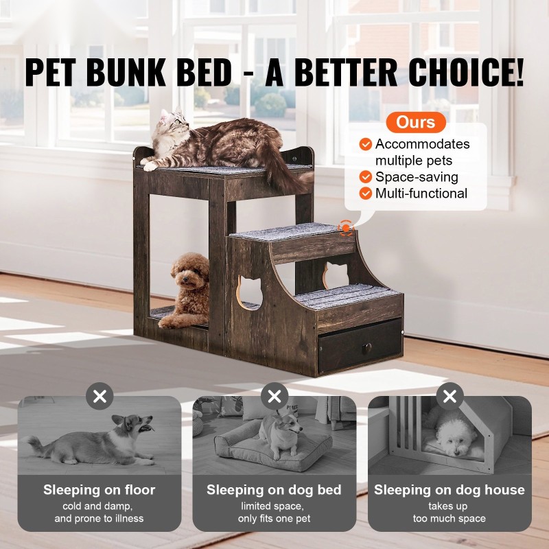 Monitasoinen lemmikkisänky pienille koirille ja kissoille koko S harmaa irrotettavilla portailla säilytystilalla