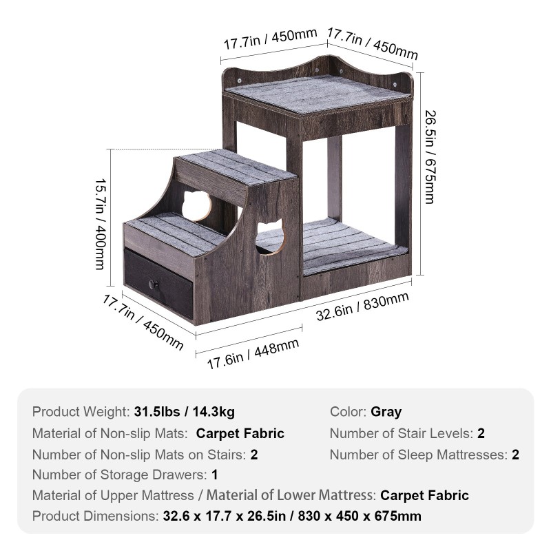 Monitasoinen lemmikkisänky pienille koirille ja kissoille koko S harmaa irrotettavilla portailla säilytystilalla
