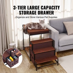 Kaksikerroksinen lemmikkisänky portailla keskikokoisille sisäkäyttöön tummanruskea puu ja musta metalli