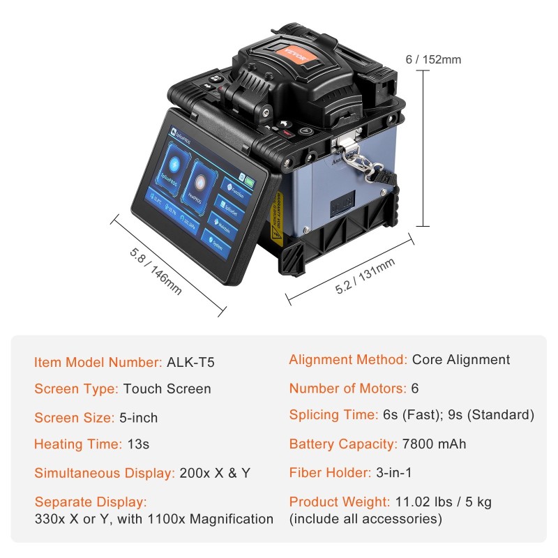 Kuituhitsain ydinkohdistus kuusi moottoria 5-tuumainen kosketusnäyttö kolmitoiminen kuitupidin 7800 mAh akku