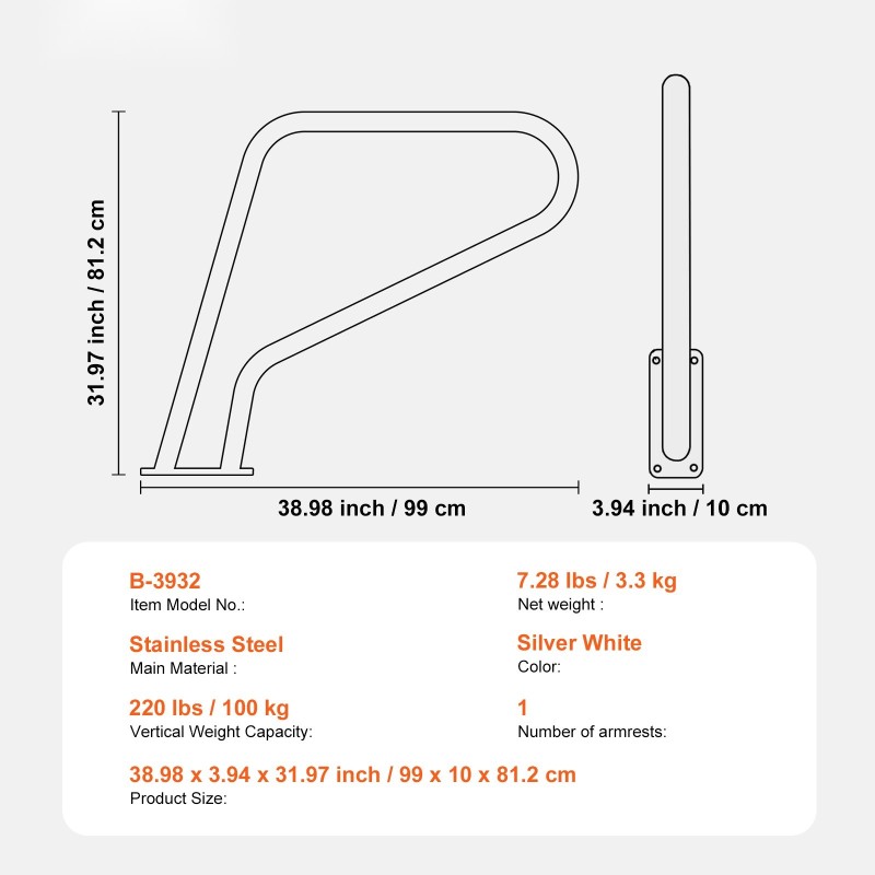 Uima-altaan kaide ruostumatonta terästä 990 x 812 mm sisä- ja ulkokäyttöön