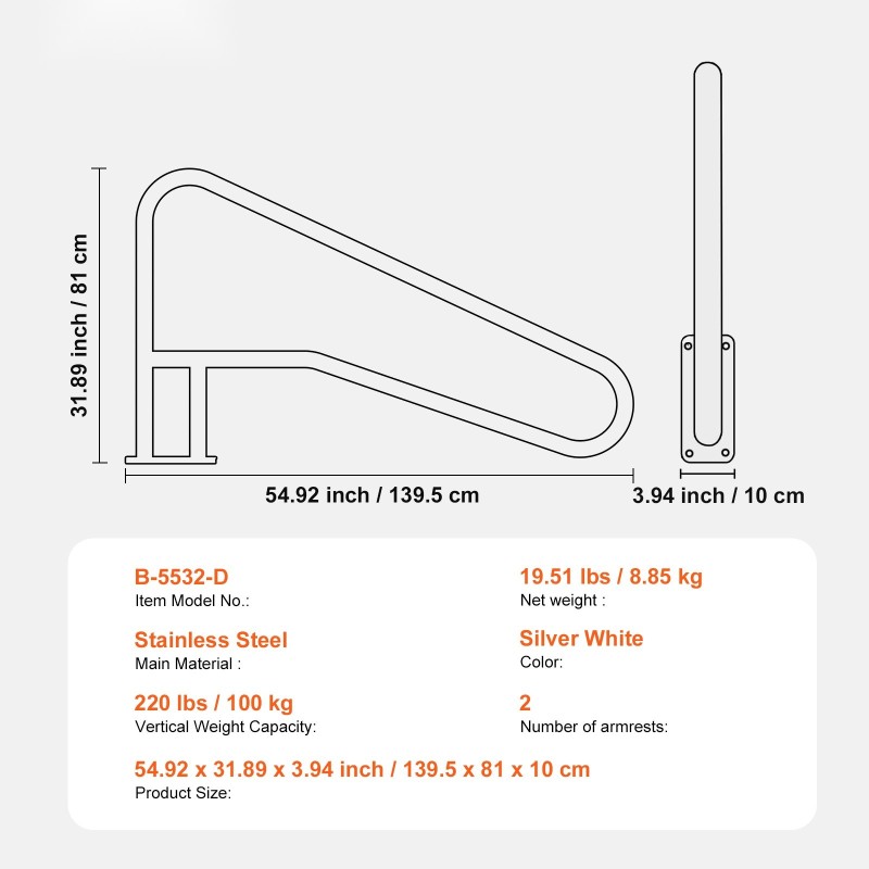 Uima-altaan kaide ruostumattomasta teräksestä 2 kpl 1395x810x100 mm
