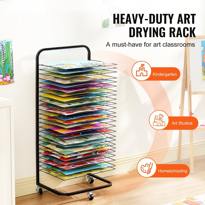 Taidekuivausteline 25 irrotettavaa hyllyä hiiliteräsrunko jauhemaalattu musta lukittavat pyörät