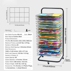 Taidekuivausteline 25 irrotettavaa hyllyä hiiliteräsrunko jauhemaalattu musta lukittavat pyörät