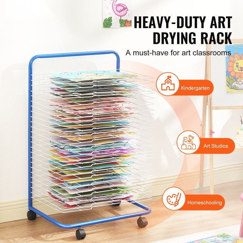 Taideteosten kuivausteline hiiliteräsrunko 25 irrotettavaa hyllyä lukittavat pyörät