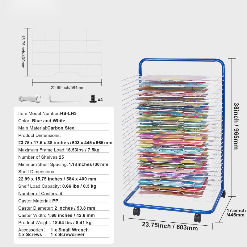 Taideteosten kuivausteline hiiliteräsrunko 25 irrotettavaa hyllyä lukittavat pyörät