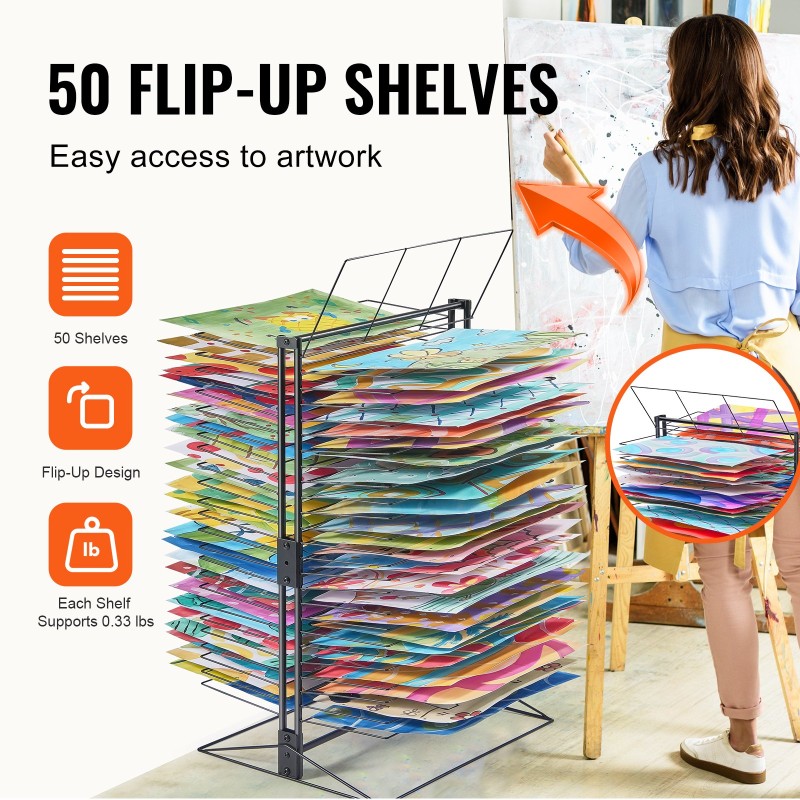 Taidekuivatusritilä 50 irrotettavaa hyllyä hiiliteräs musta vakaapohjainen kouluun ja ateljeeseen