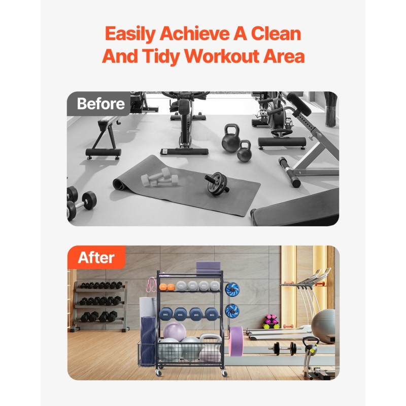 Joogamattojen säilytysteline jauhemaalattua terästä pyörillä ja koukuilla