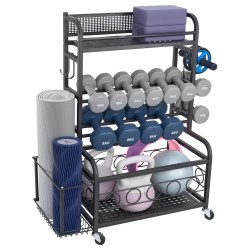 Joogamaton säilytysteline jauhemaalattu teräs sivukorilla ja koukuilla neljällä pyörällä kahdella lukittavalla