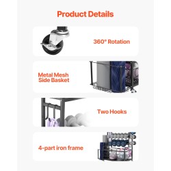 Joogamaton säilytysteline jauhemaalattu teräs sivukorilla ja koukuilla neljällä pyörällä kahdella lukittavalla