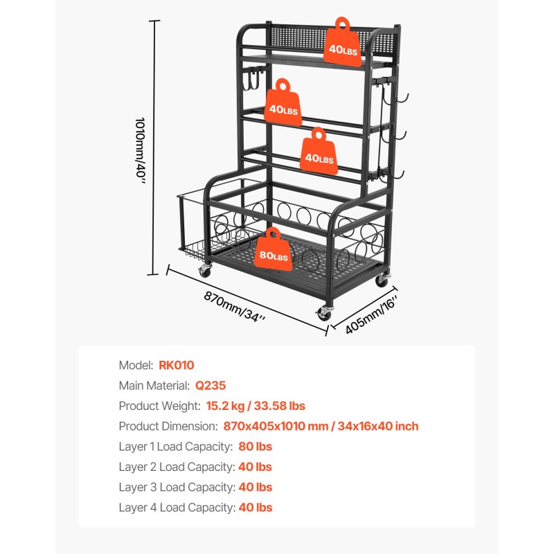 Joogamaton säilytysteline jauhemaalattu teräs sivukorilla ja koukuilla neljällä pyörällä kahdella lukittavalla