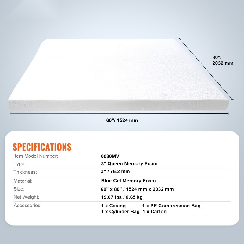 Viskoelastinen geelitäytteinen sijauspatja 1524x2032 mm 76,2 mm paksu irrotettavalla pestävällä päällisellä