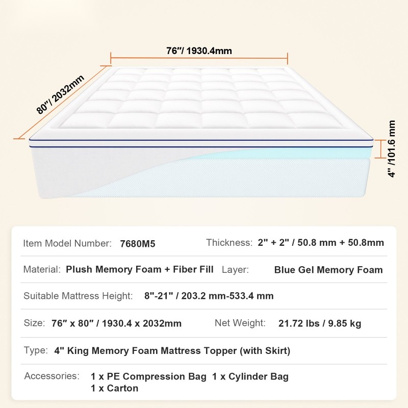 Muistivaahto- ja kuitutäytteinen sijauspatja 1930×2032 millimetriä 101,6 millimetriä paksu