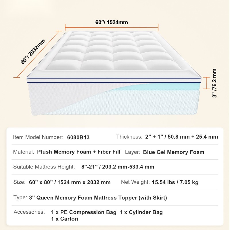 Patjansuojus muistivaahdolla ja kuitutäytteellä viilentävällä geelikerroksella 1524x2032 mm 76 mm