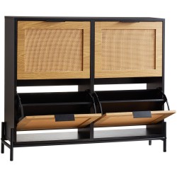 Kapea rottinkipintainen kenkäkaappi 4 kääntyvää laatikkoa metallijaloilla vaalea puunsävy