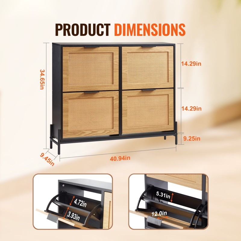 Kapea rottinkipintainen kenkäkaappi 4 kääntyvää laatikkoa metallijaloilla vaalea puunsävy