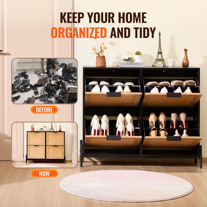 Kapea rottinkipintainen kenkäkaappi 4 kääntyvää laatikkoa metallijaloilla vaalea puunsävy