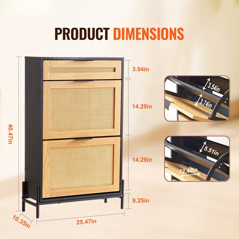 Kenkäkaappi rottinkipaneeleilla kapea kaksi kääntyvää rottinkilaatikkoa ja yksi liukulaatikko metallijaloilla musta