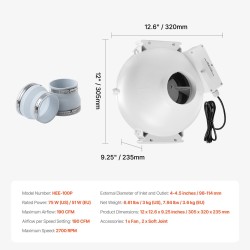 Kanavapuhallin radonpoistoon 98–114 mm ABS-kuori 190 CFM 2 liitintä hiljainen