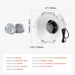 Radonpoistopuhallin ABS-kuori 98–114mm ilmavirta 380 CFM 2 liitintä sisä- ja ulkokäyttöön