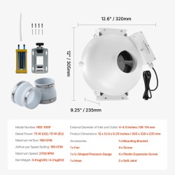 Radonpoistopuhallin asennussarja 4–4,5 tuuman liitännälle ABS-kotelo 190 CFM 47 dB 2 liitintä